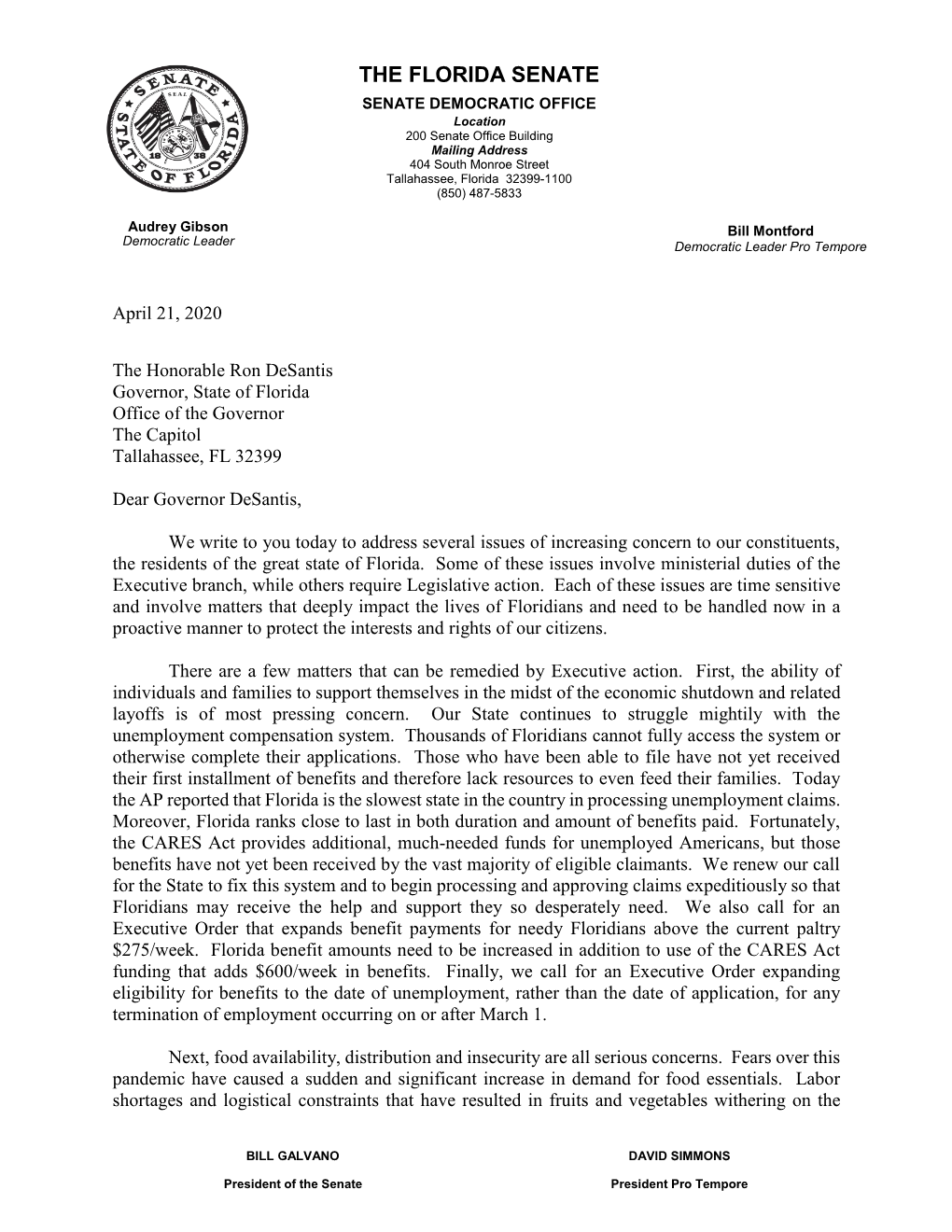 Letter to Governor Desantis Regarding