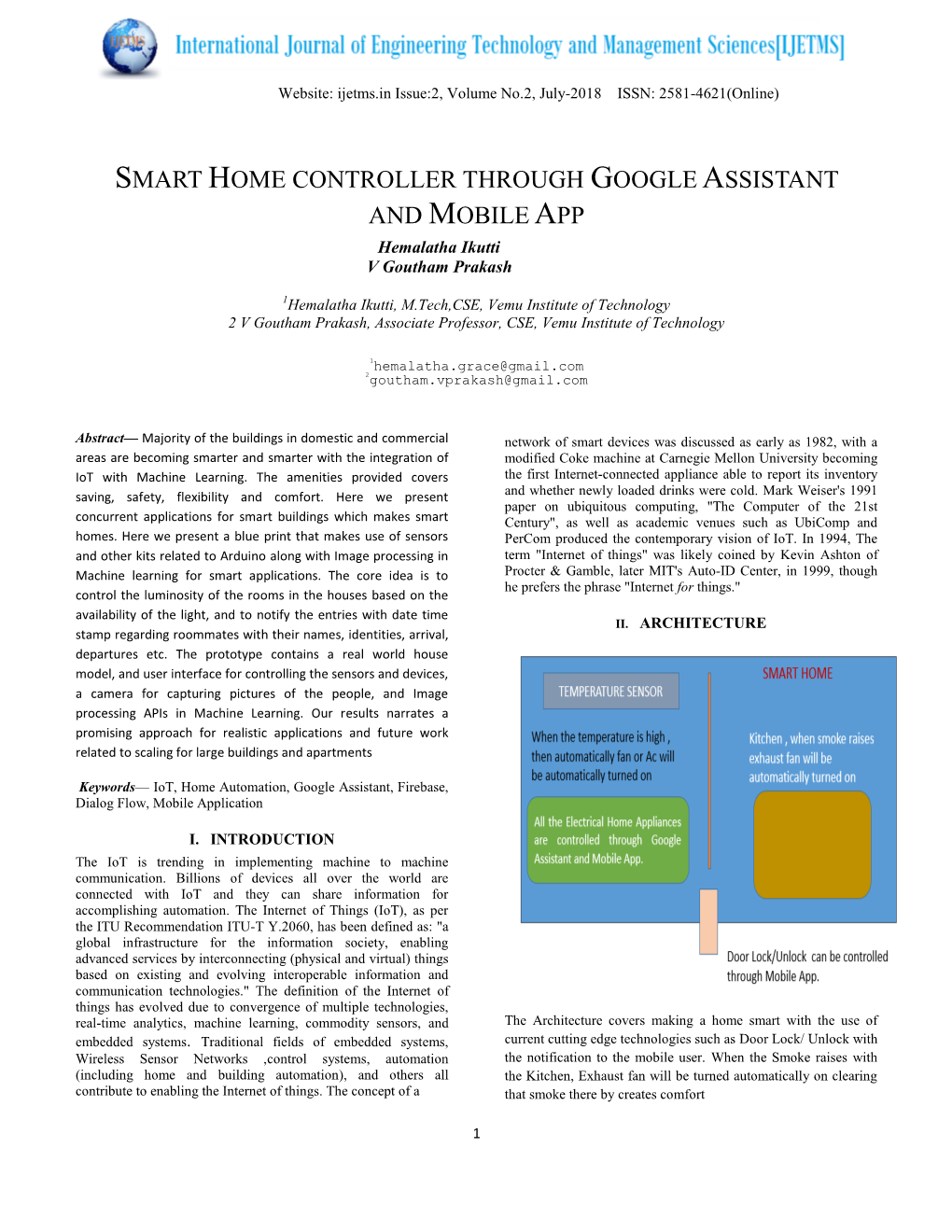 SMART HOME CONTROLLER THROUGH GOOGLE ASSISTANT and MOBILE APP Hemalatha Ikutti V Goutham Prakash