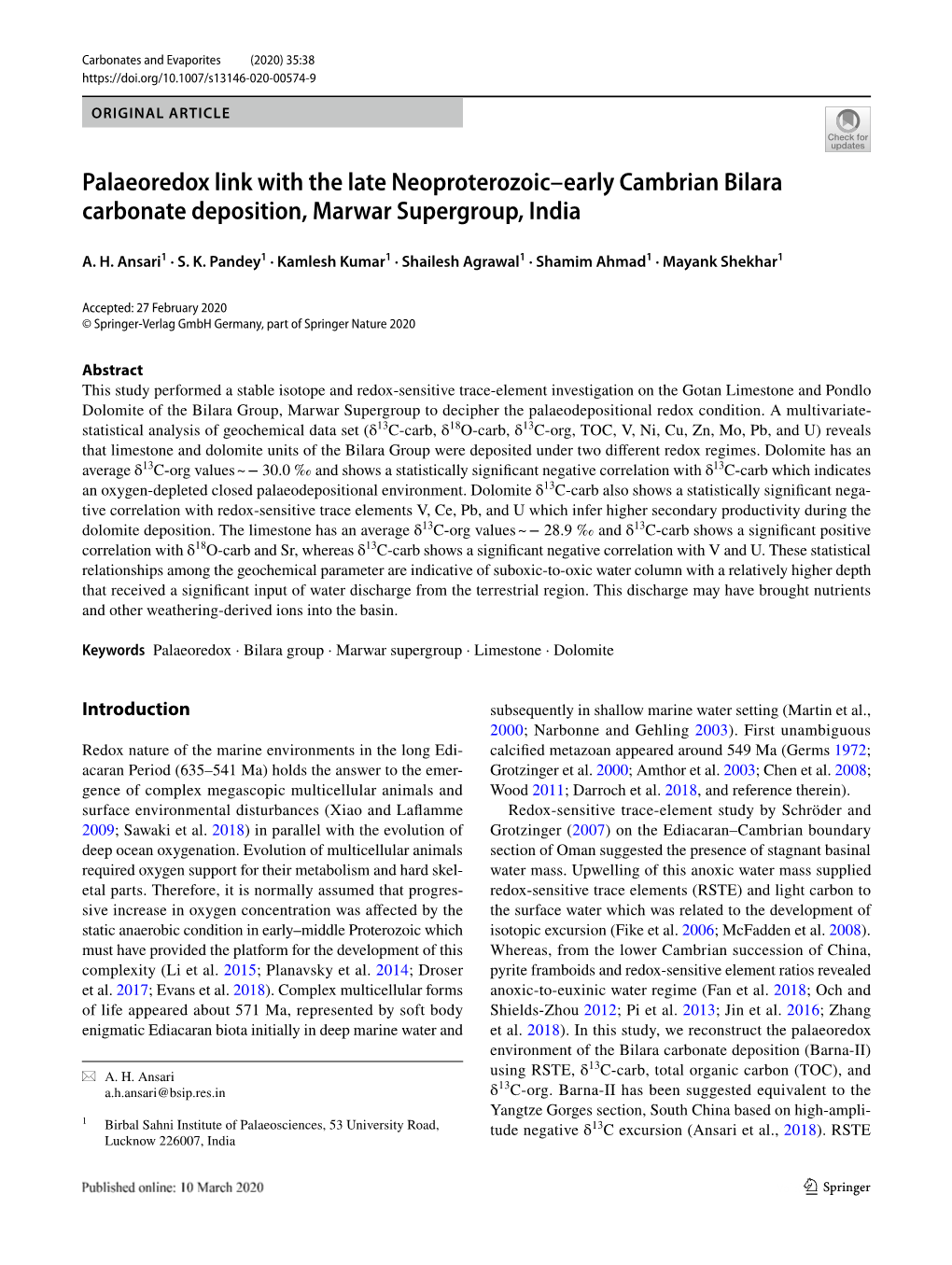 Palaeoredox Link with the Late Neoproterozoic–Early Cambrian Bilara Carbonate Deposition, Marwar Supergroup, India