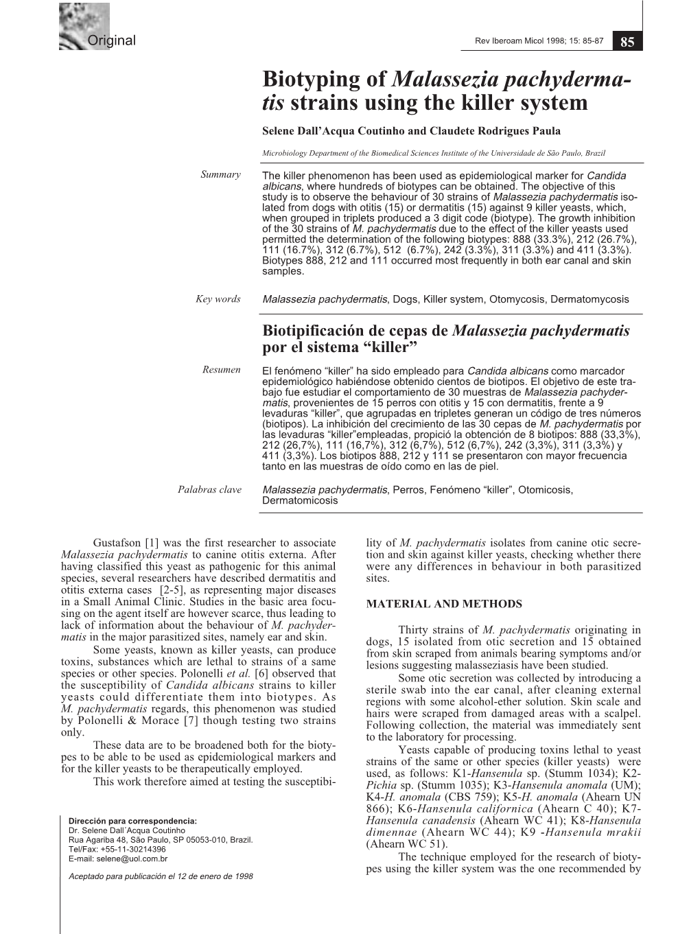 Biotyping of Malassezia Pachyderma-Tis Strains Using the Killer System