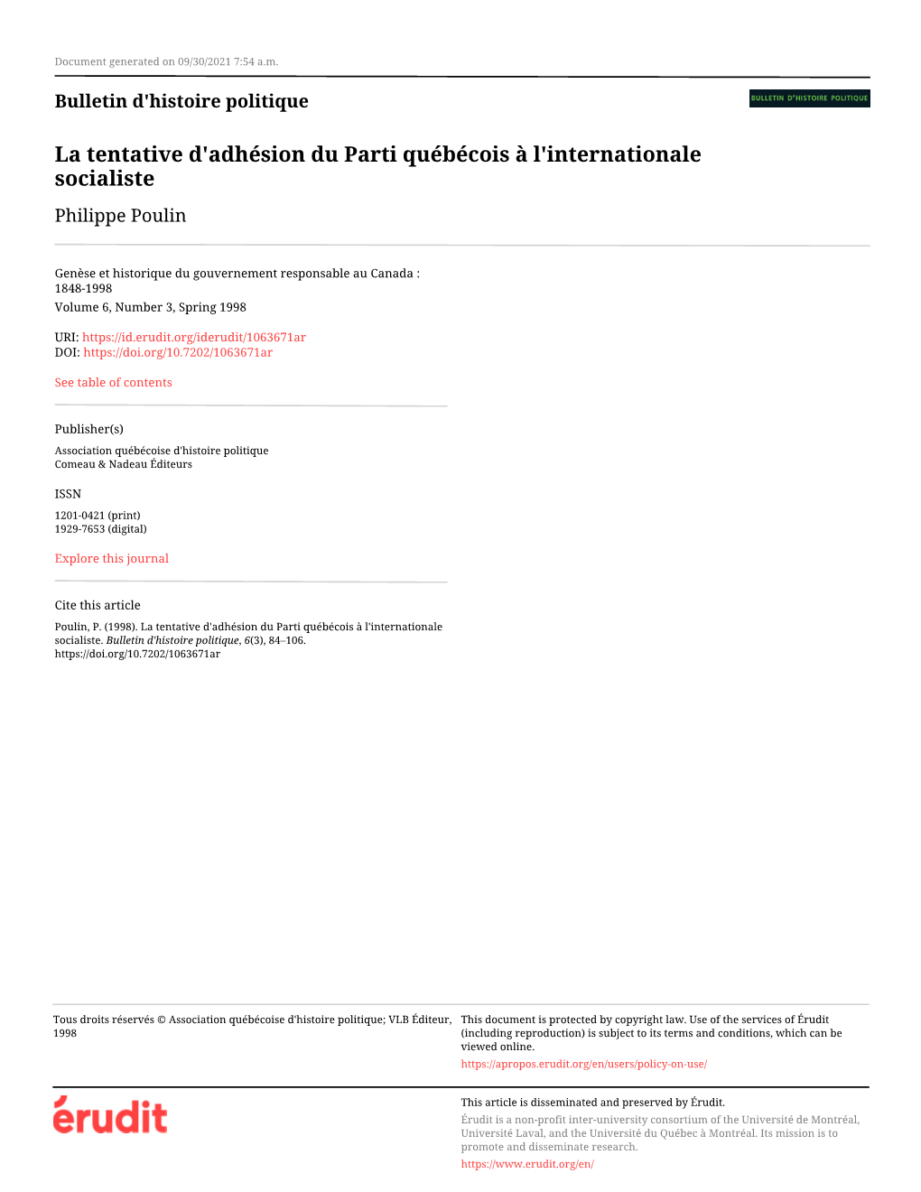 La Tentative D'adhésion Du Parti Québécois À L'internationale Socialiste Philippe Poulin