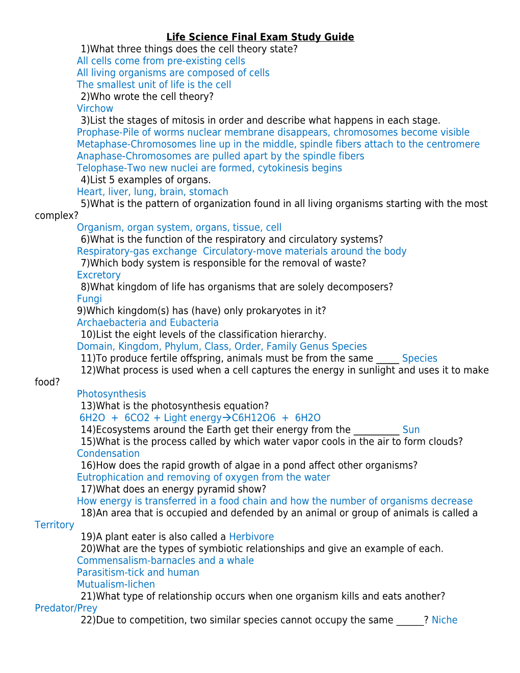 Life Science Final Exam Study Guide