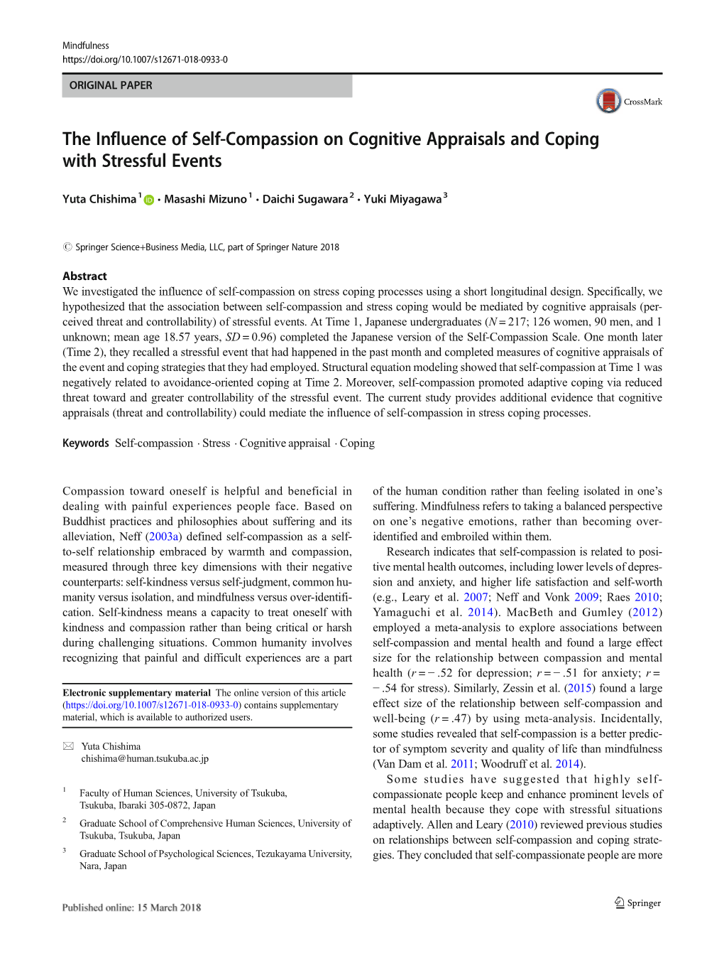 The Influence of Self-Compassion on Cognitive Appraisals and Coping with Stressful Events