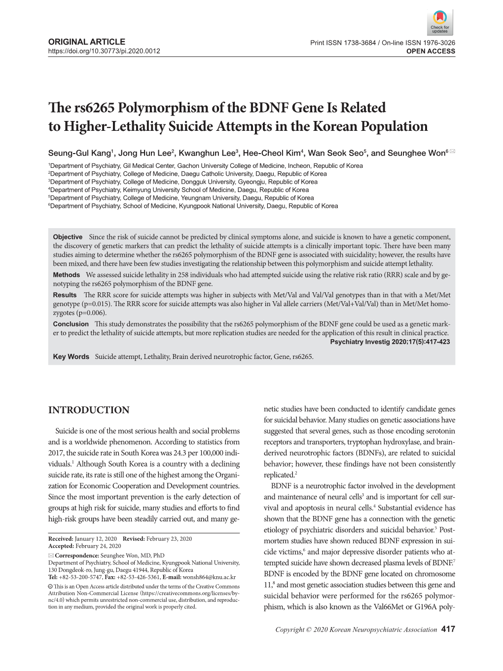 The Rs6265 Polymorphism of the BDNF Gene Is Related to Higher-Lethality Suicide Attempts in the Korean Population