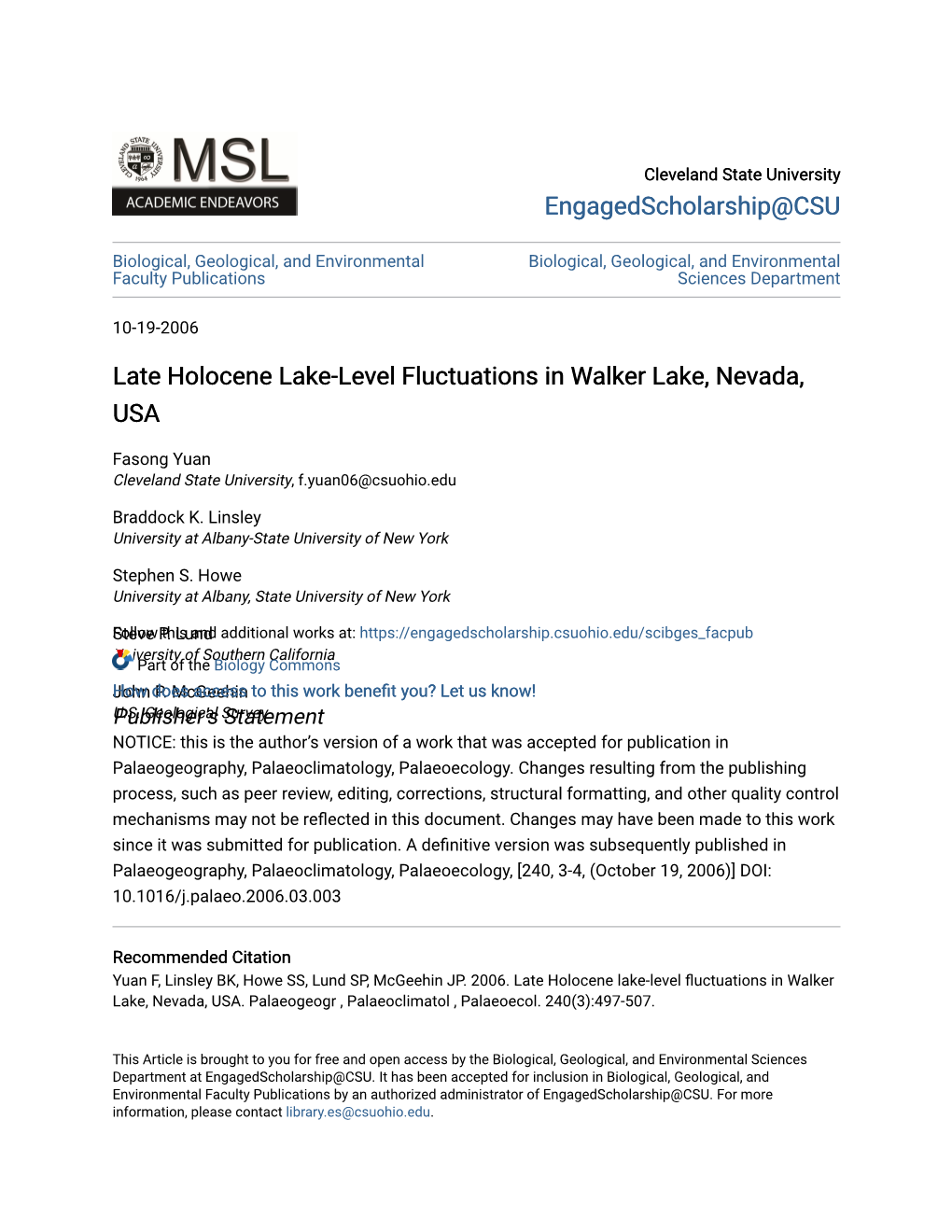 Late Holocene Lake-Level Fluctuations in Walker Lake, Nevada, USA