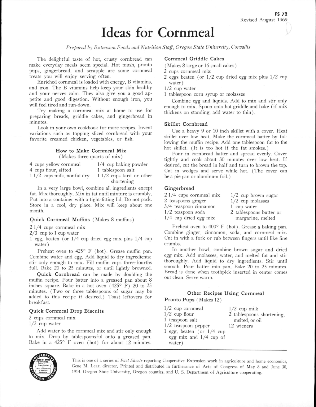 Ideas for Cornmeal Prepared by Extension Foods and Nutrition Staff, Oregon State University, Corvallis