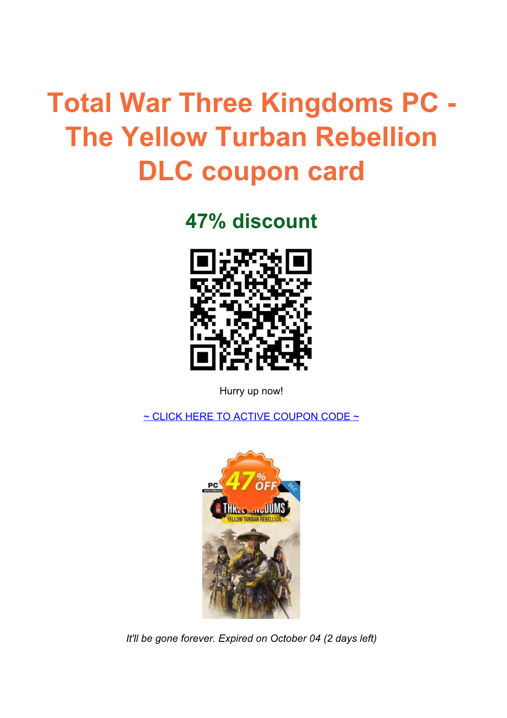 Total War Three Kingdoms PC - the Yellow Turban Rebellion DLC Coupon Card