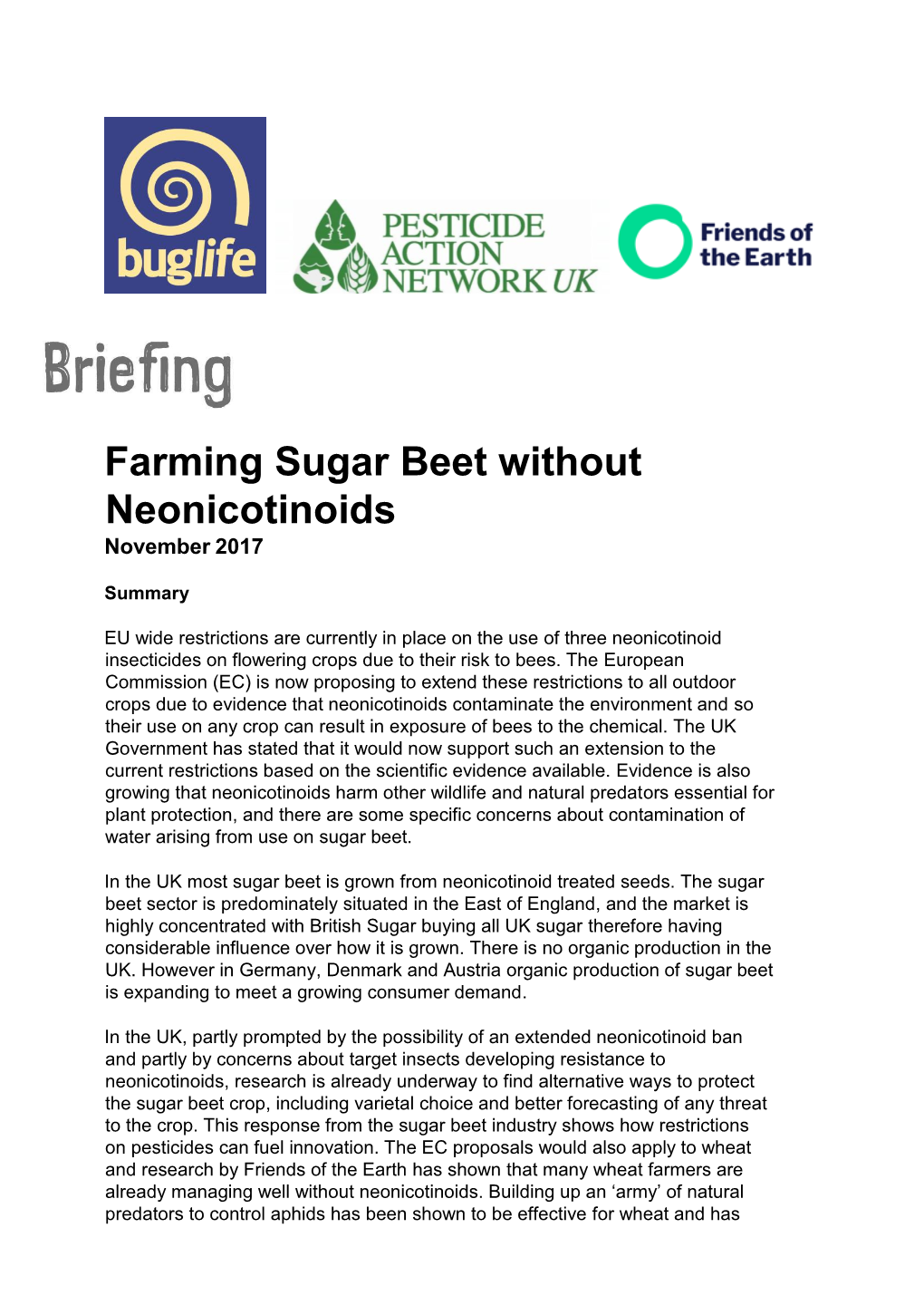 Farming Sugar Beet Without Neonicotinoids November 2017