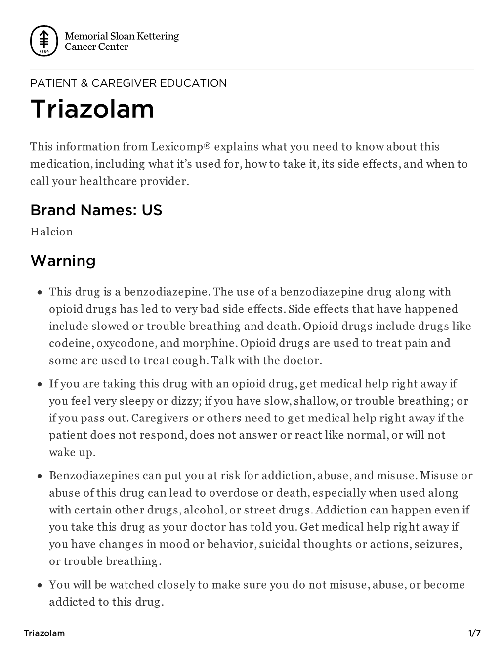 Triazolam | Memorial Sloan Kettering Cancer Center