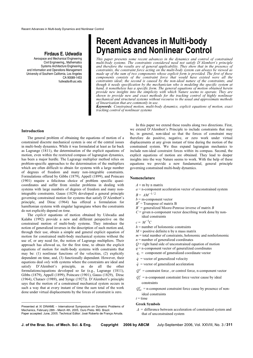 Recent Advances in Multi-Body Dynamics and Nonlinear Control