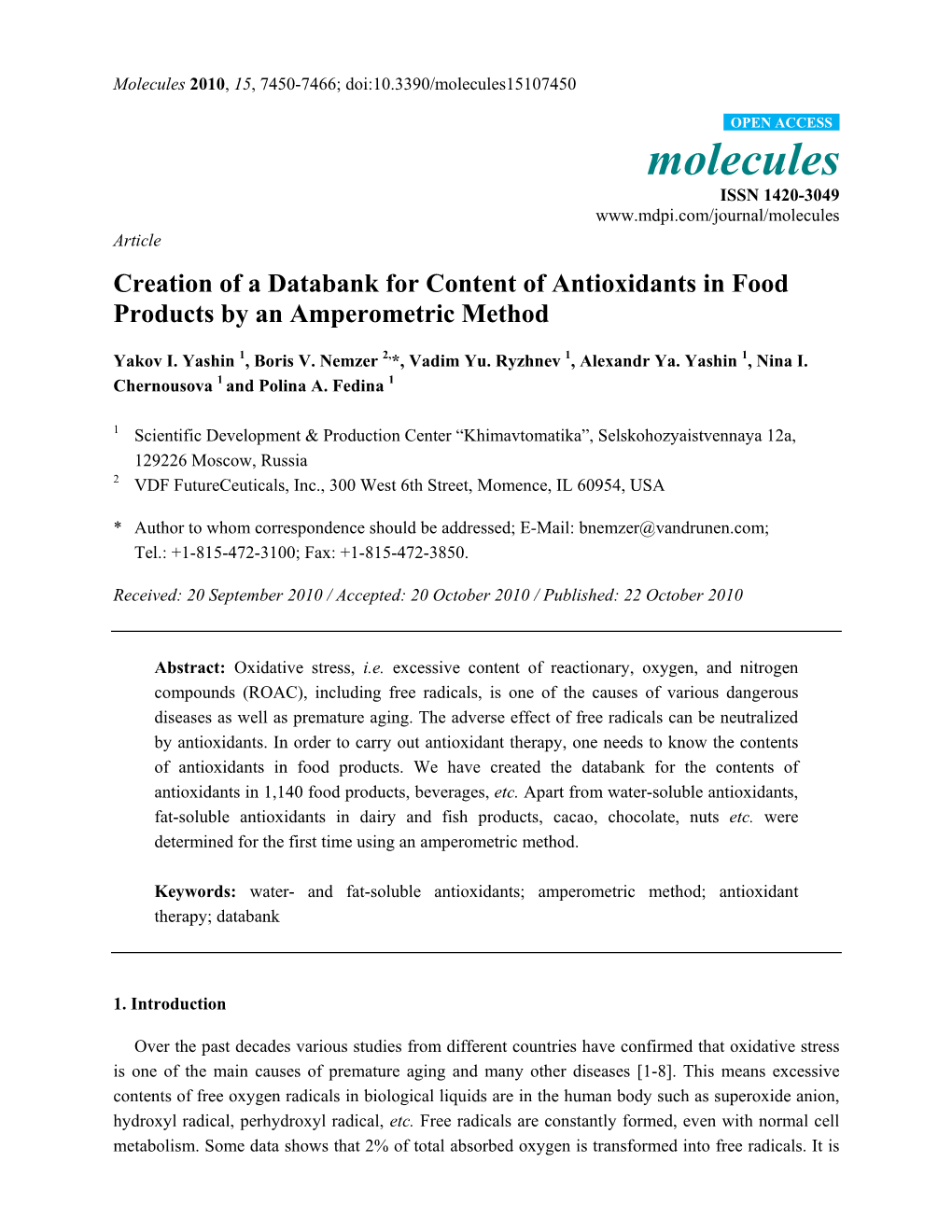 Creation of a Databank for Content of Antioxidants in Food Products by an Amperometric Method