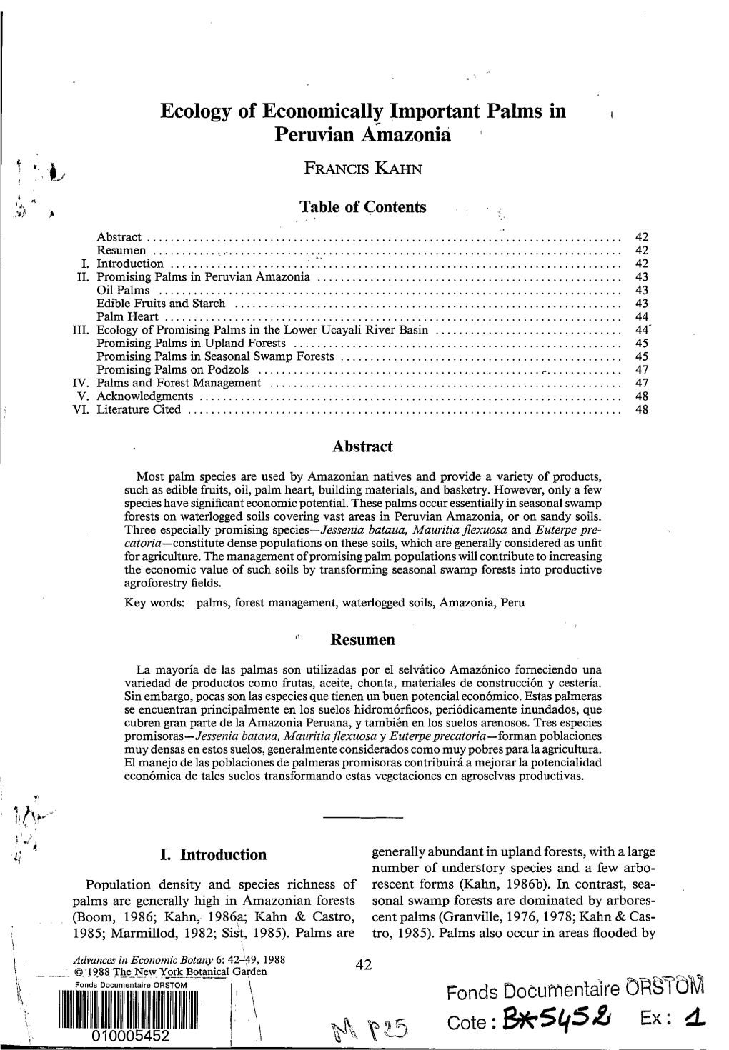 Ecology of Economically Important Palms in Peruvian Amazonia