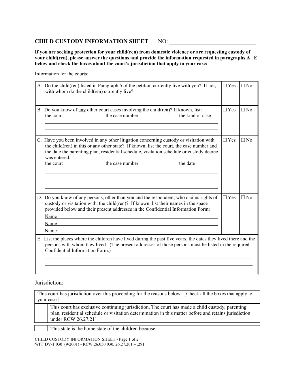 Child Custody Information Sheet No