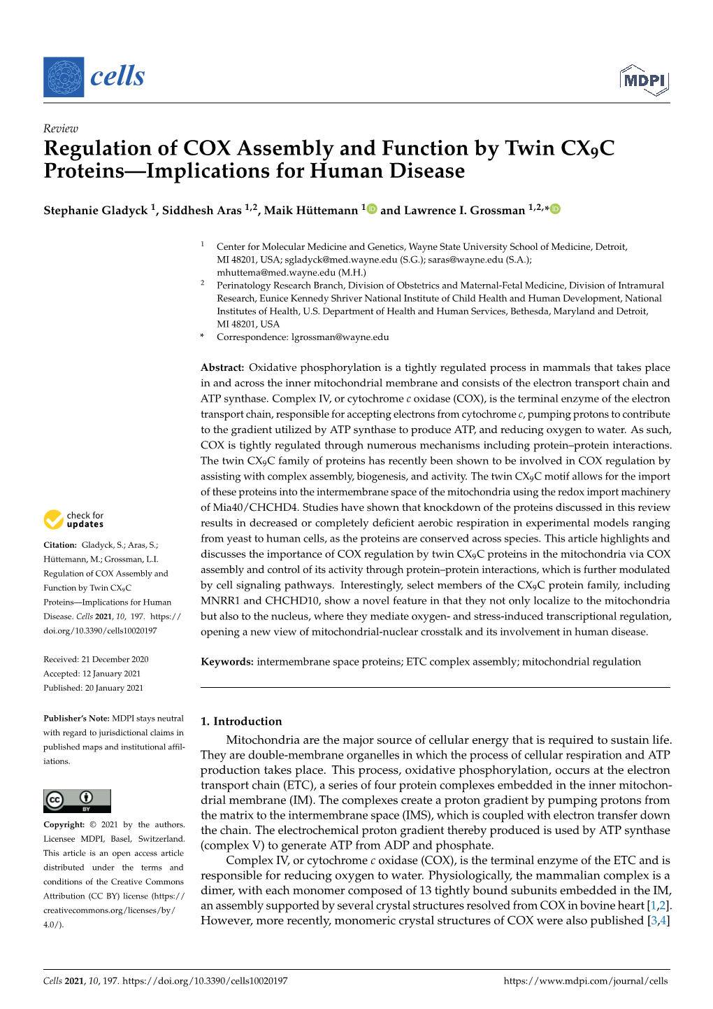 Regulation of COX Assembly and Function by Twin CX9C Proteins—Implications for Human Disease