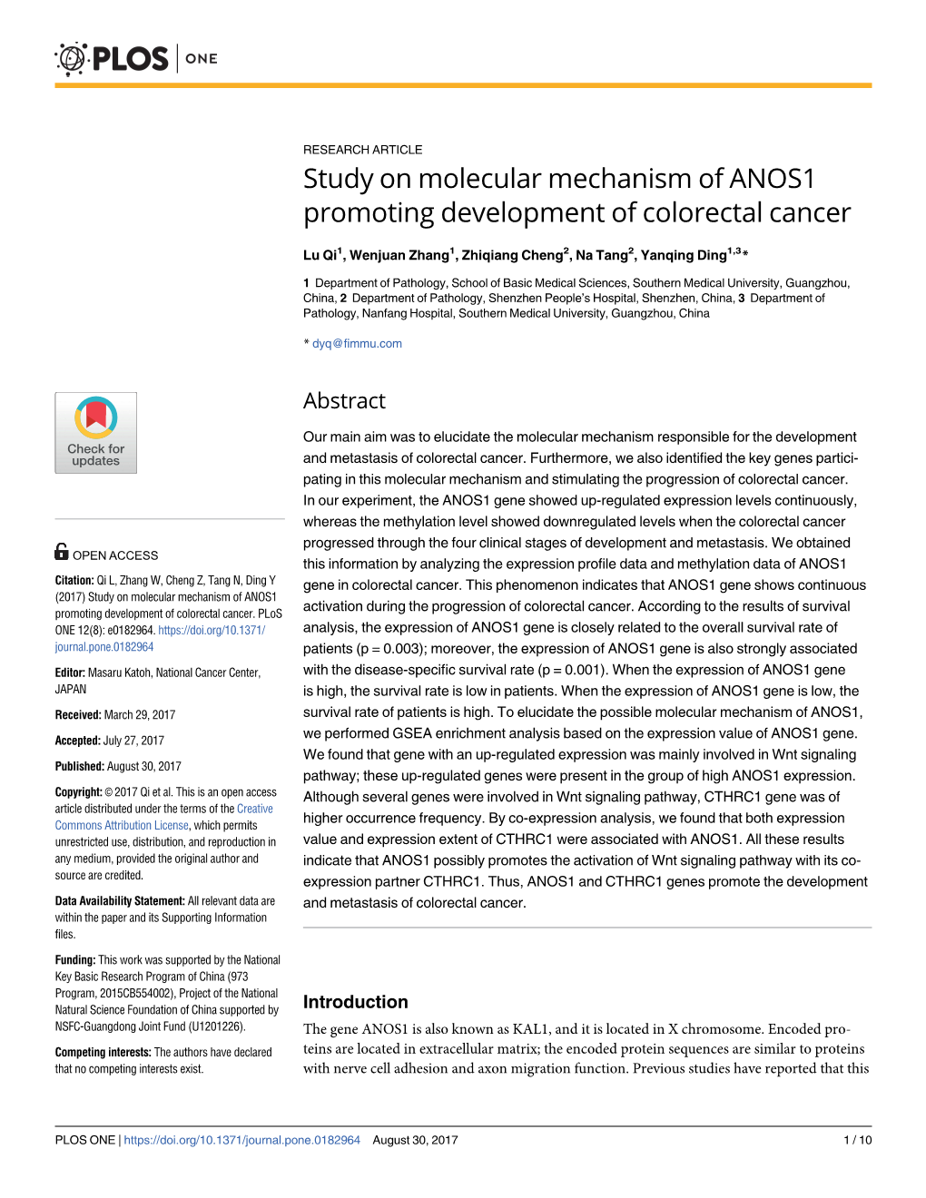 Study on Molecular Mechanism of ANOS1 Promoting Development of Colorectal Cancer