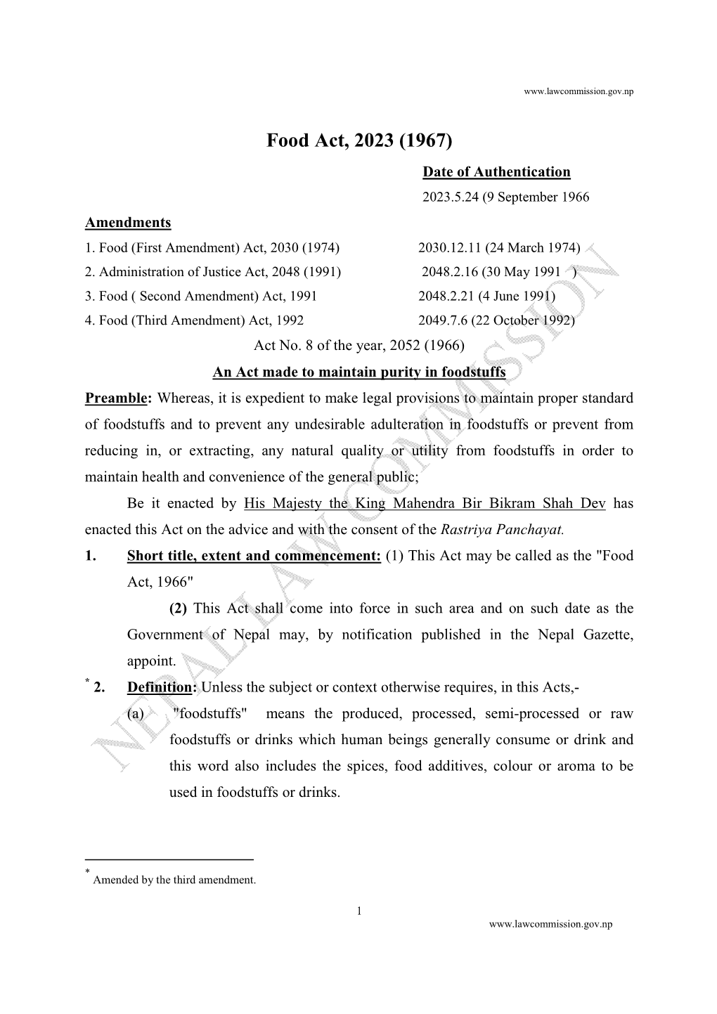 Food Act, 2023 (1967) Date of Authentication 2023.5.24 (9 September 1966 Amendments 1