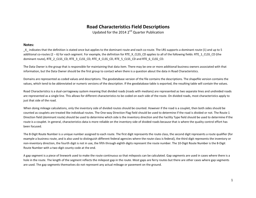 Road Characteristics Field Descriptions Updated for the 2014 2Nd Quarter Publication