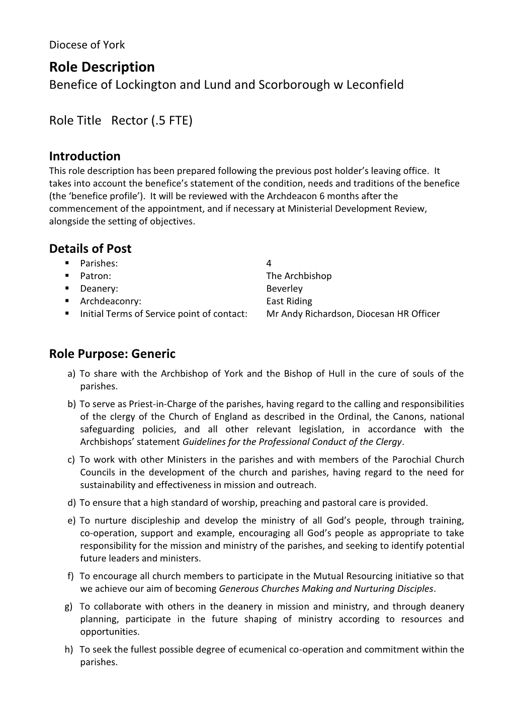 Role Description Benefice of Lockington and Lund and Scorborough W Leconfield