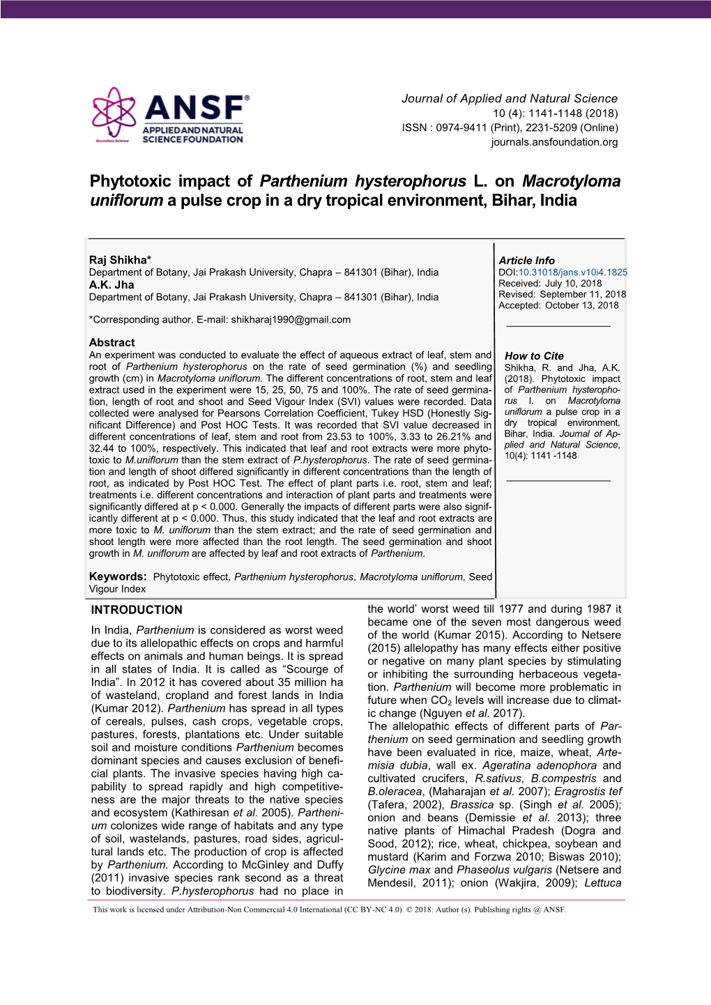 Phytotoxic Impact of Parthenium Hysterophorus L. on Macrotyloma Uniflorum a Pulse Crop in a Dry Tropical Environment, Bihar, India