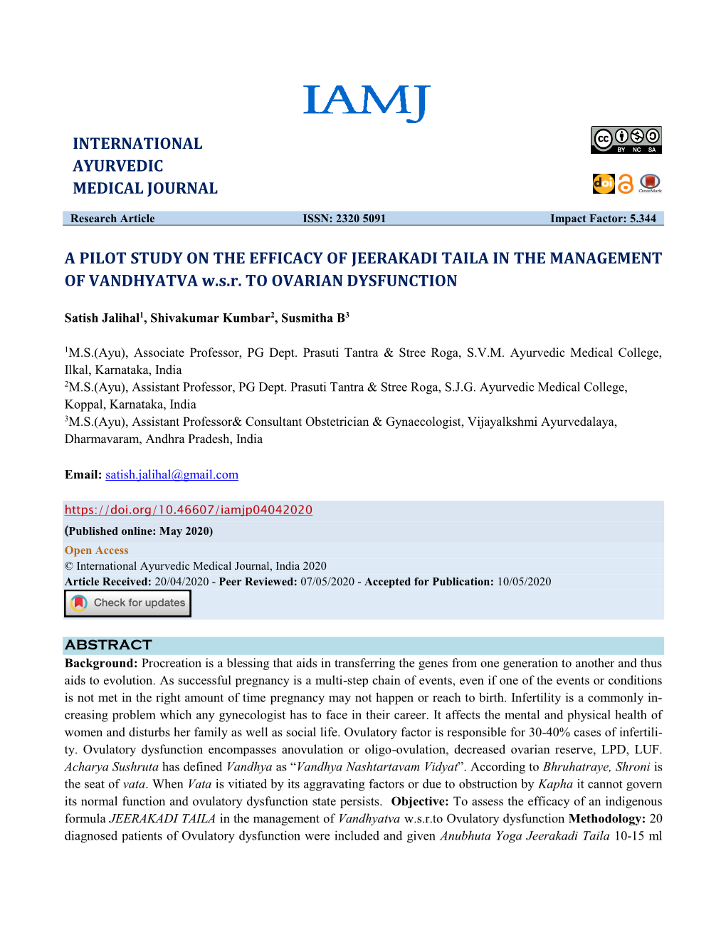 Satish Jalihal Et Al: a Pilot Study on the Efficacy of Jeerakadi Taila in the Management of Vandhyatva W.S.R