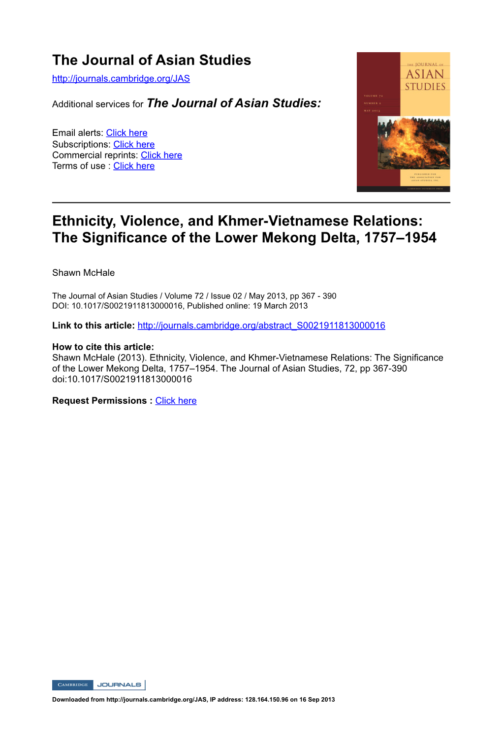 Ethnicity, Violence, and Khmer-Vietnamese Relations: the Signicance of the Lower Mekong Delta, 1757–1954