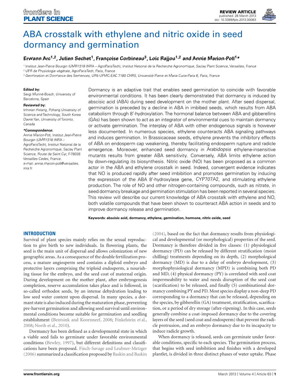 ABA Crosstalk with Ethylene and Nitric Oxide in Seed Dormancy and Germination