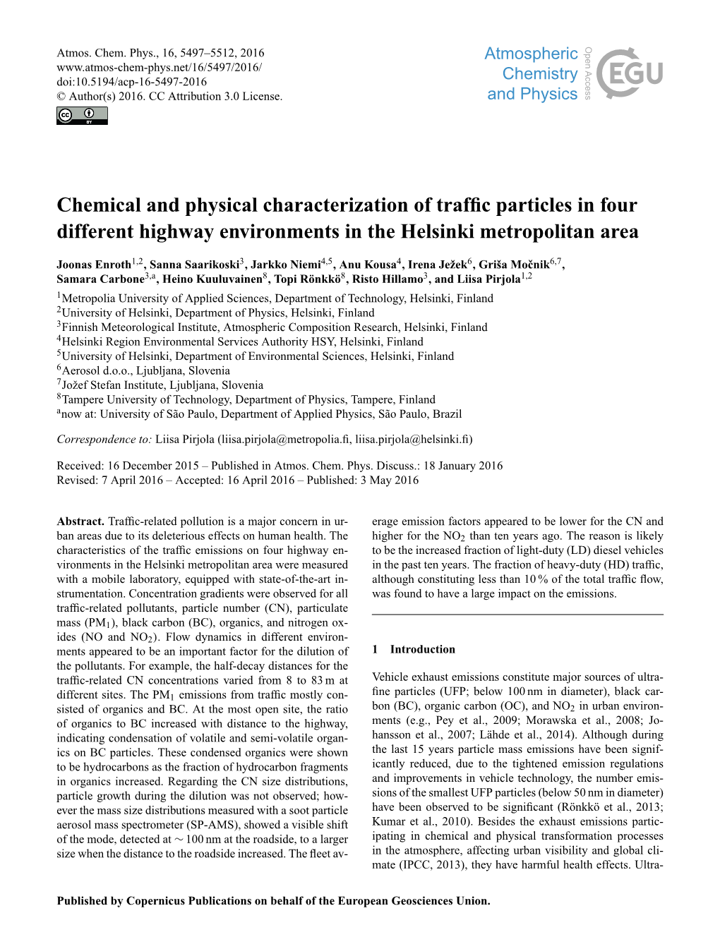 Chemical and Physical Characterization of Traffic Particles in Four Different Highway Environments in the Helsinki Metropolitan