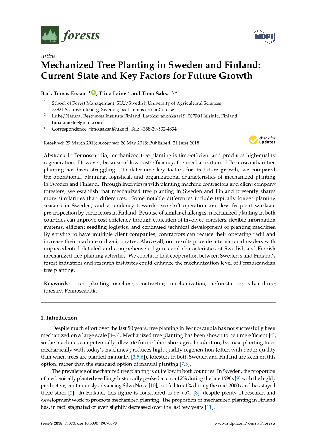 Mechanized Tree Planting in Sweden and Finland: Current State and Key Factors for Future Growth