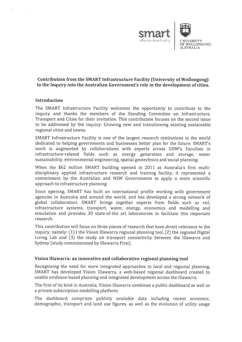 Contribution from the SMART Infrastructure Facility (University Ofwollongong) to the Inquiry Into the Australian Government's Role in the Development of Cities