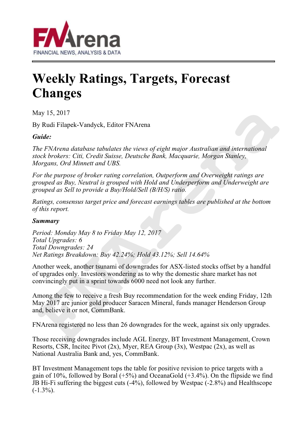 Weekly Ratings, Targets, Forecast Changes