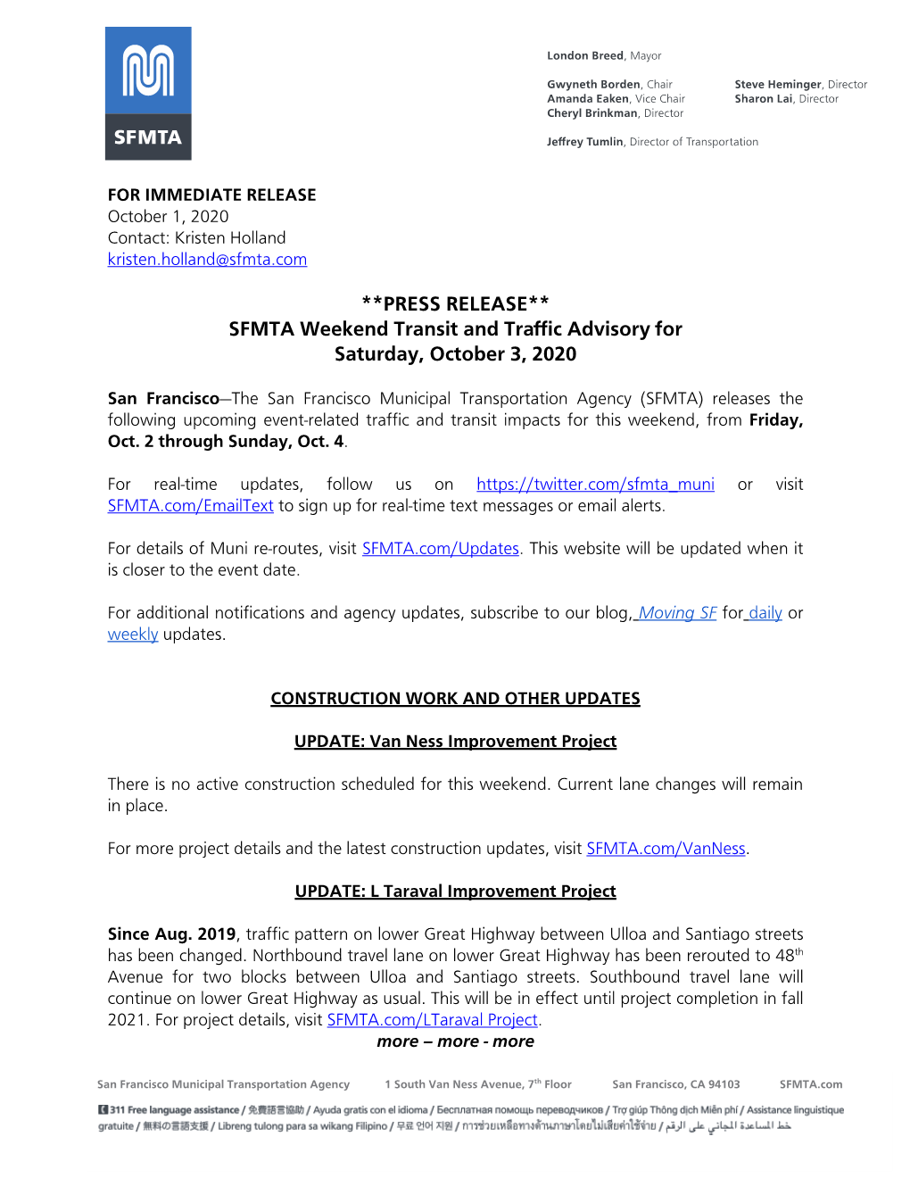 PRESS RELEASE** SFMTA Weekend Transit and Traffic Advisory for Saturday, October 3, 2020