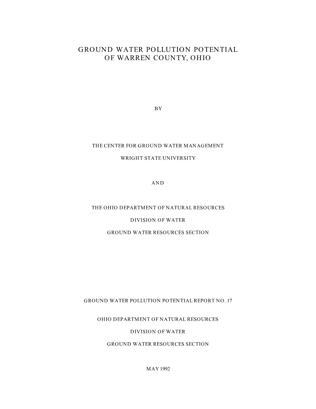 Ground Water Pollution Potential of Warren County, Ohio