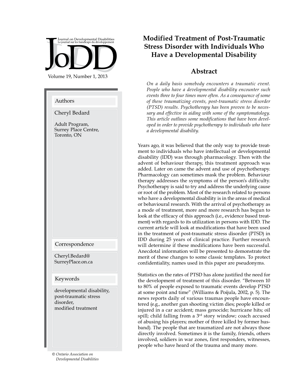 Modified Treatment of Post-Traumatic Stress Disorder with Individuals Who Have a Developmental Disability Abstract