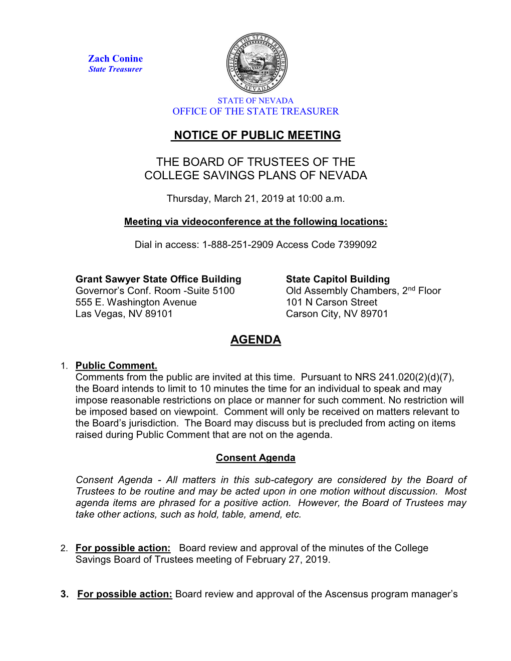 Notice of Public Meeting the Board of Trustees of the College Savings Plans of Nevada Agenda
