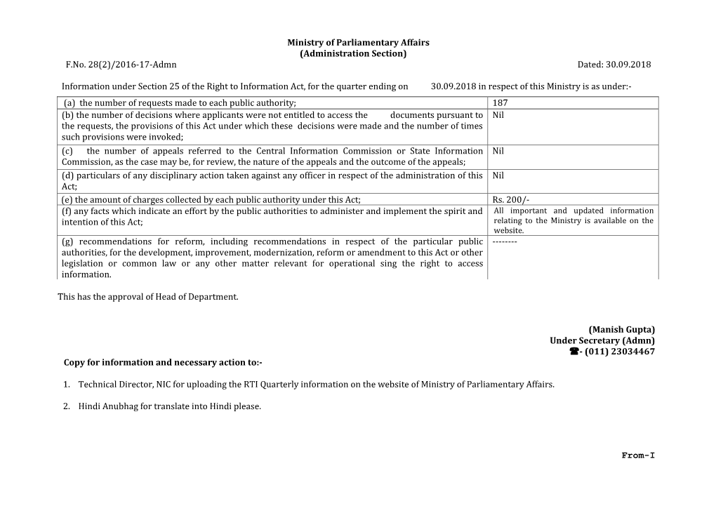 Ministry of Parliamentary Affairs (Administration Section) F.No. 28(2)/2016-17-Admn Dated: 30.09.2018