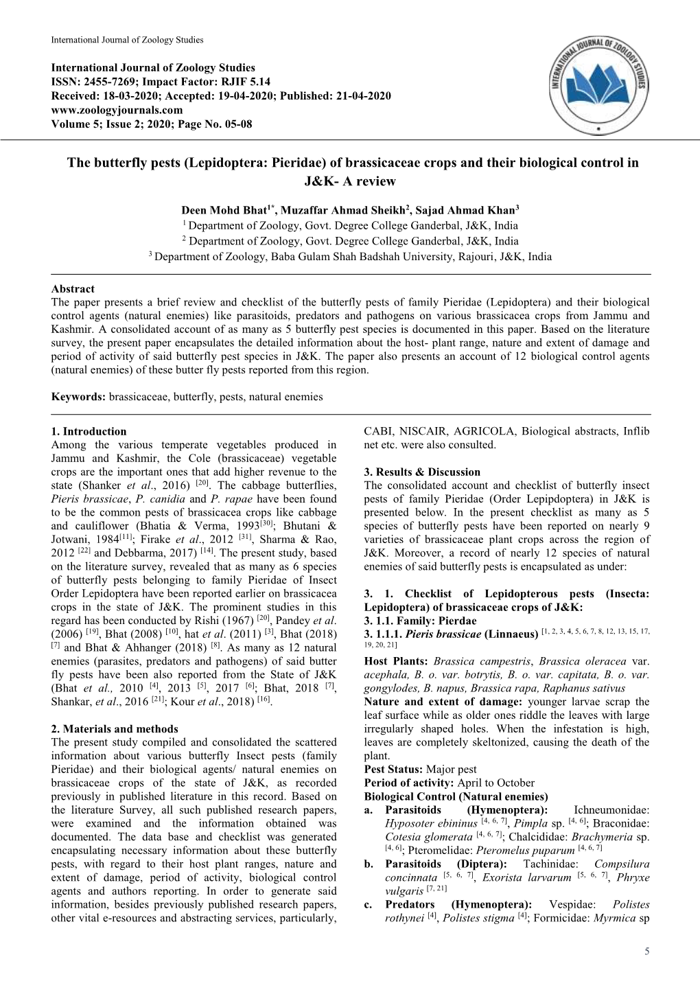 The Butterfly Pests (Lepidoptera: Pieridae) of Brassicaceae Crops and Their Biological Control in J&K- a Review