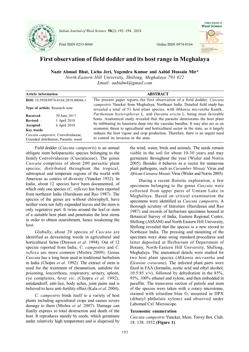 First Observation of Field Dodder and Its Host Range in Meghalaya