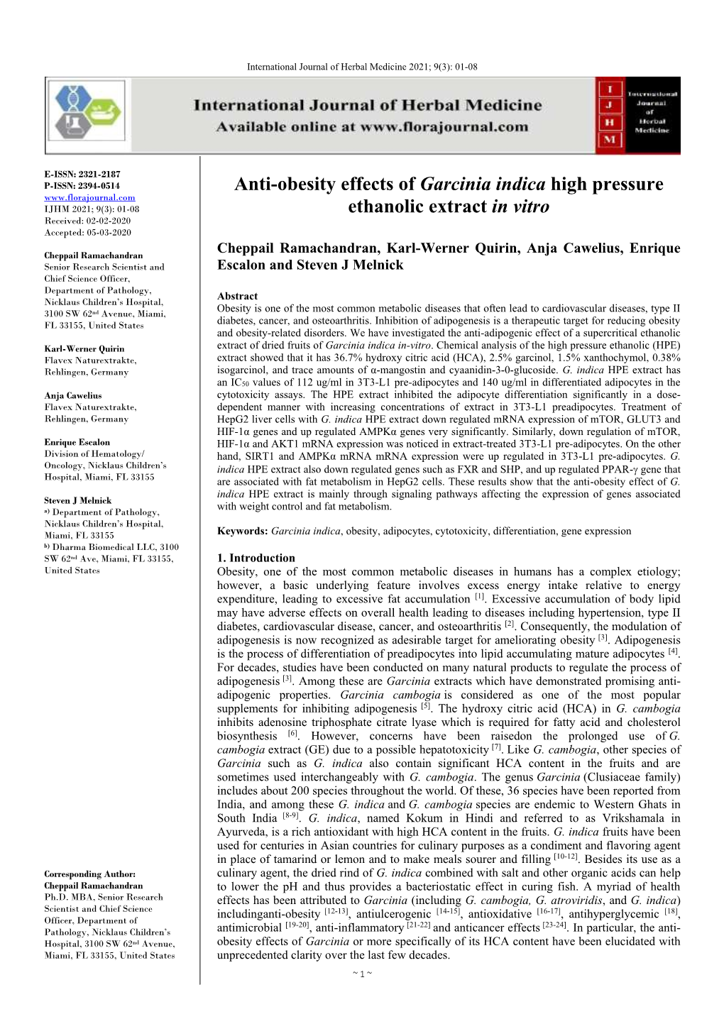 Anti-Obesity Effects of Garcinia Indica High Pressure Ethanolic Extract in Vitro