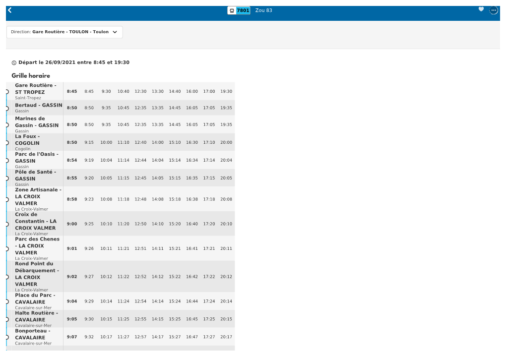 Zou 83 7801 Départ Le 07/09/2021 Entre 5:40 Et 19:30 Gare Routière