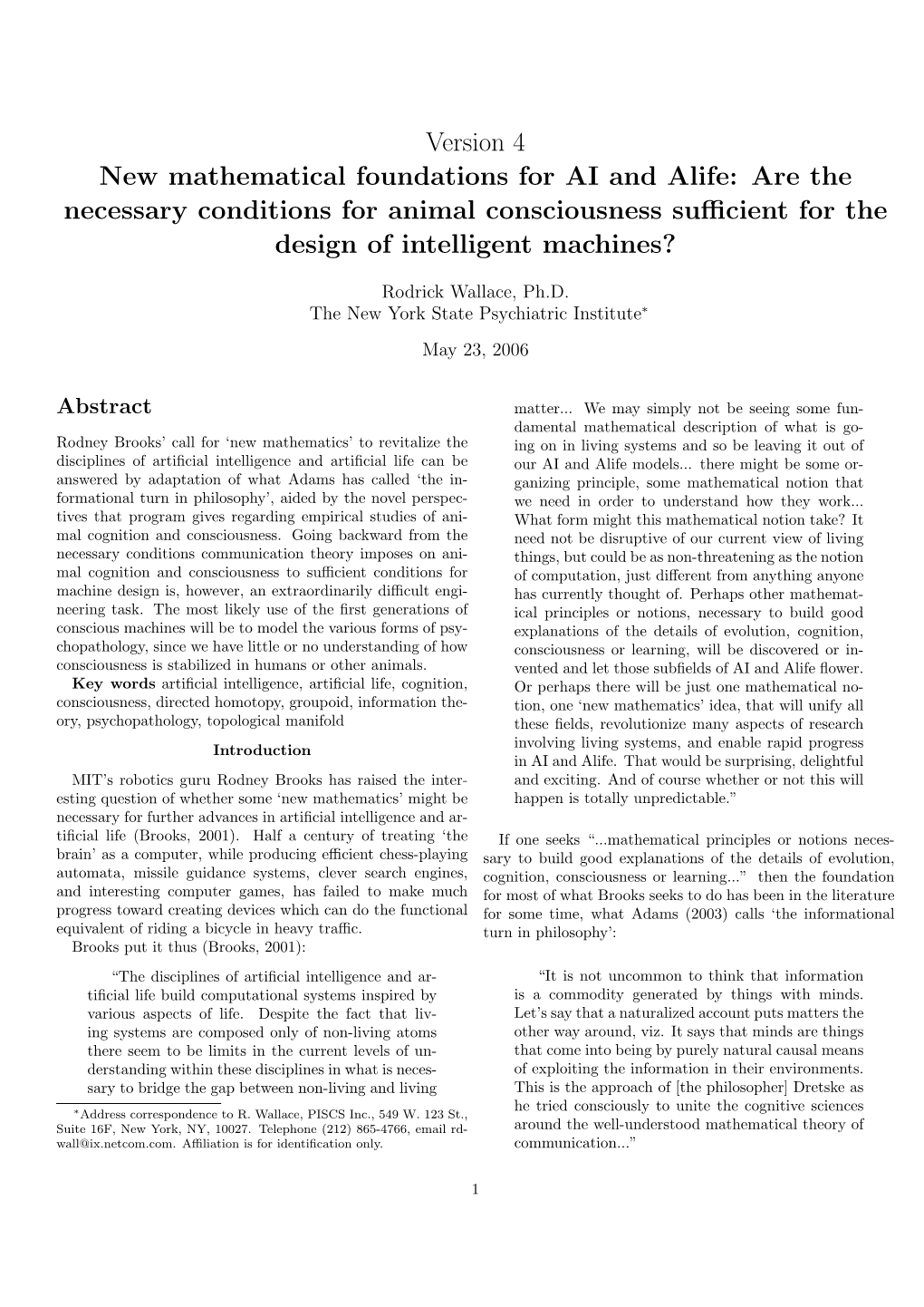 Version 4 New Mathematical Foundations for AI and Alife: Are the Necessary Conditions for Animal Consciousness Suﬃcient for the Design of Intelligent Machines?