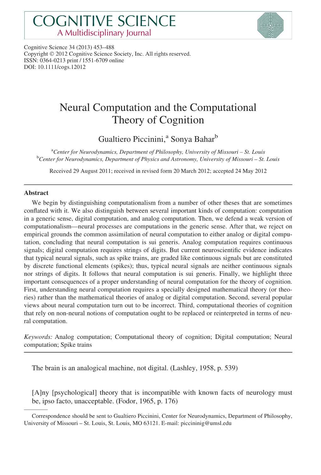 Neural Computation and the Computational Theory of Cognition