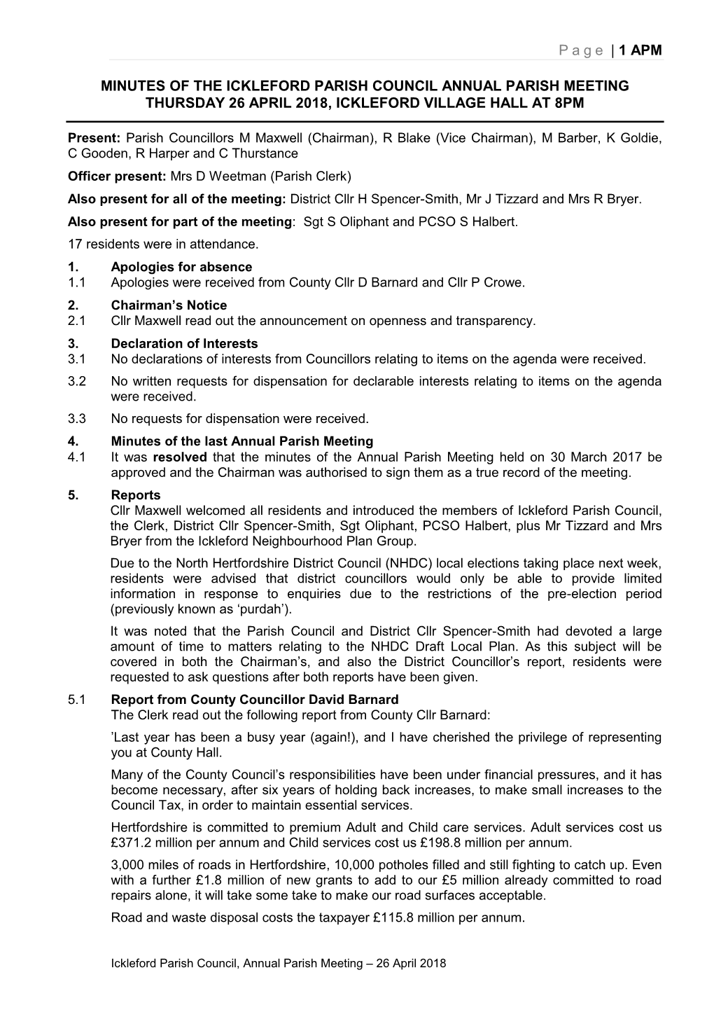 Page | 1 APM MINUTES of the ICKLEFORD PARISH COUNCIL