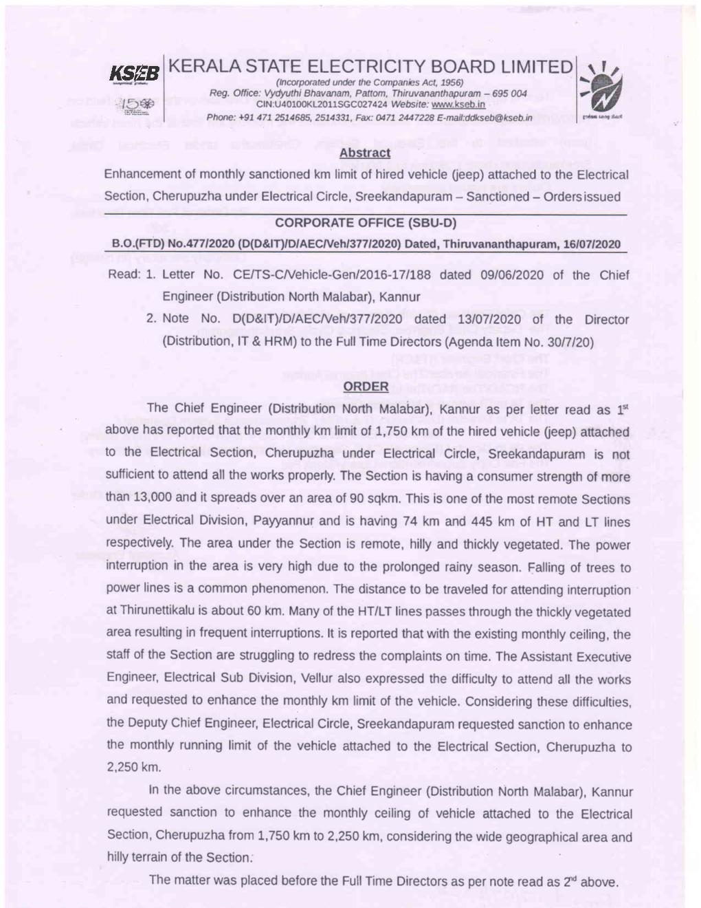 KERALA STATE ELECTRICITY BOARD LIMITED KSEB (Lncorporated Under the Companies Act, 7956) Reg