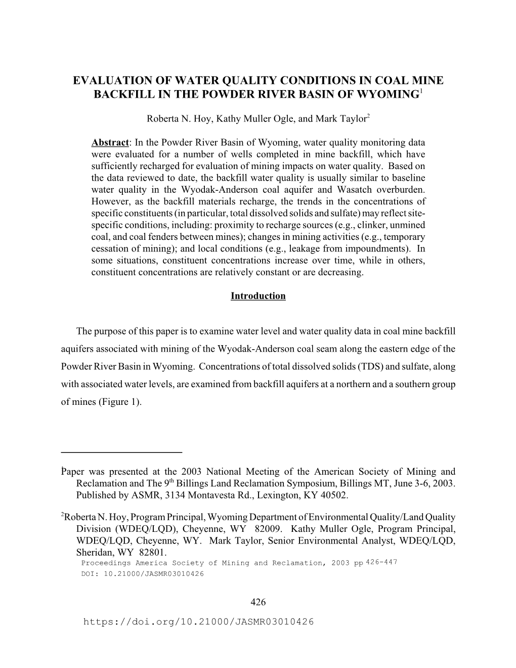 Evaluation of Water Quality Conditions in Coal Mine Backfill in the Powder River Basin of Wyoming1