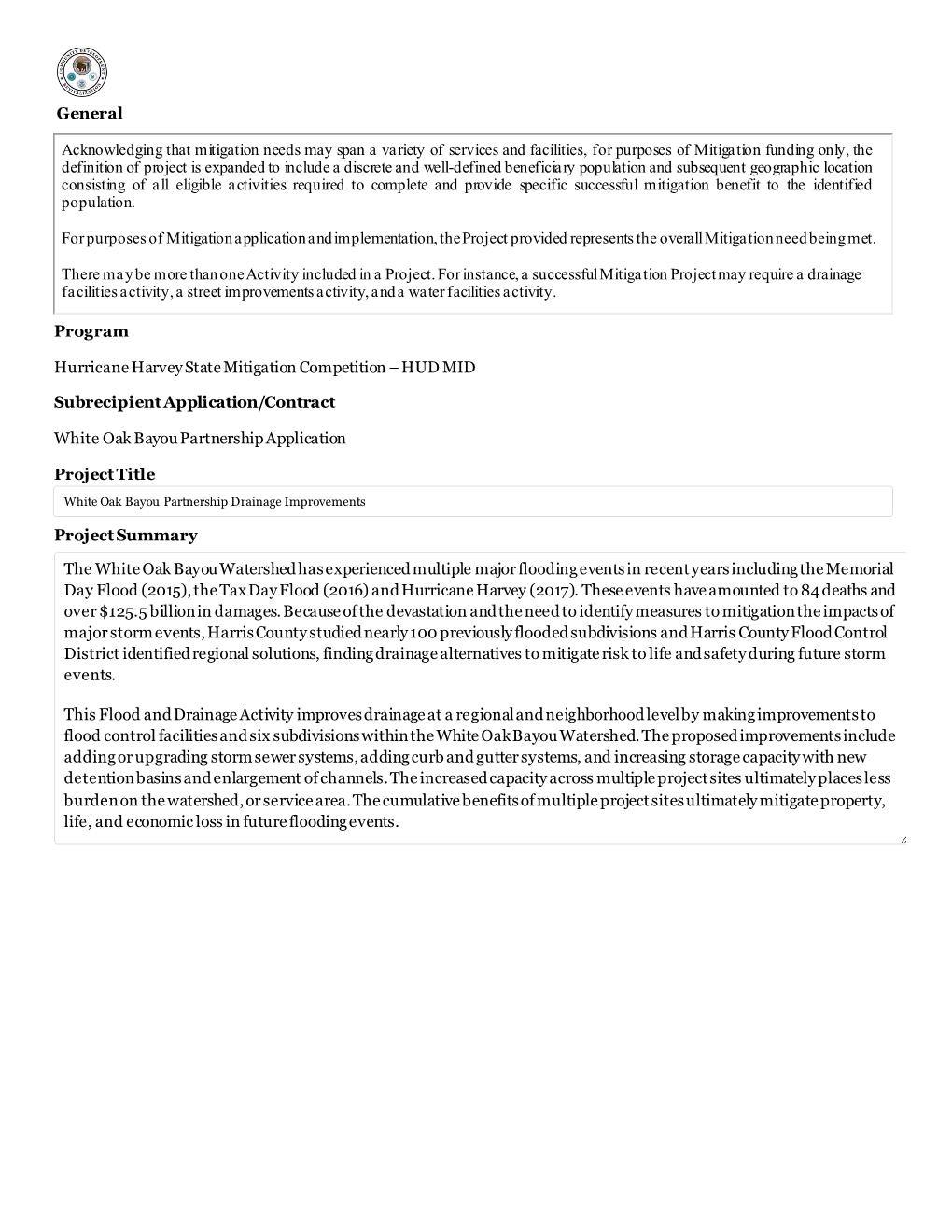 White Oak Bayou Partnership – CDBG‐MIT Grant