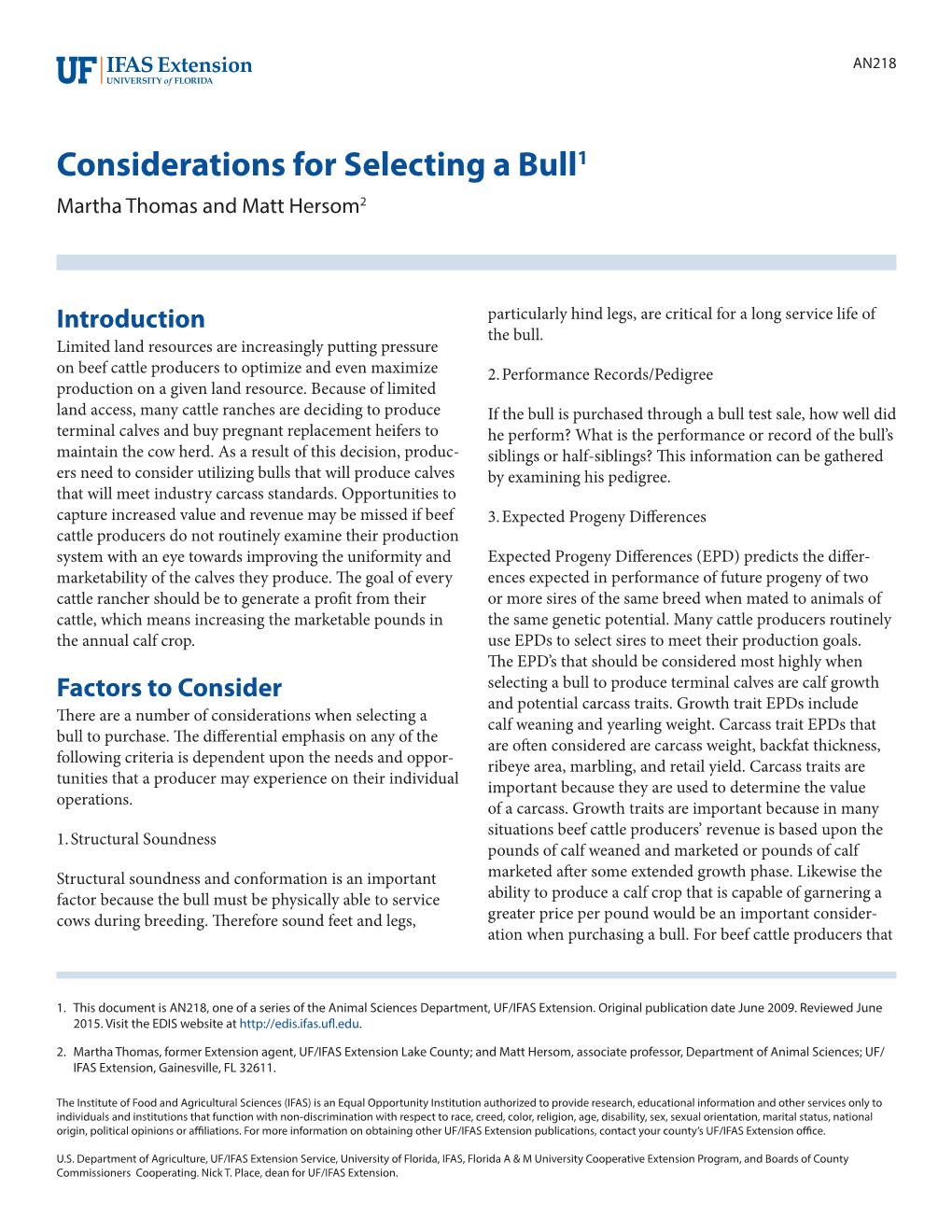 Considerations for Selecting a Bull1 Martha Thomas and Matt Hersom2