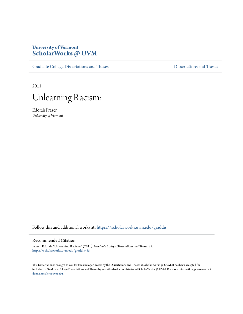 Unlearning Racism: Edorah Frazer University of Vermont