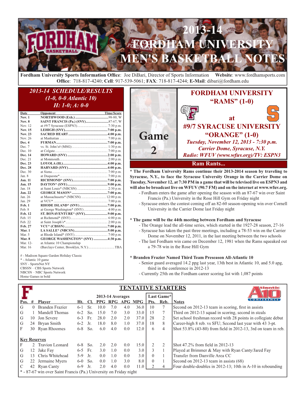 2013-14 FORDHAM UNIVERSITY MEN's BASKETBALL NOTES Game 2