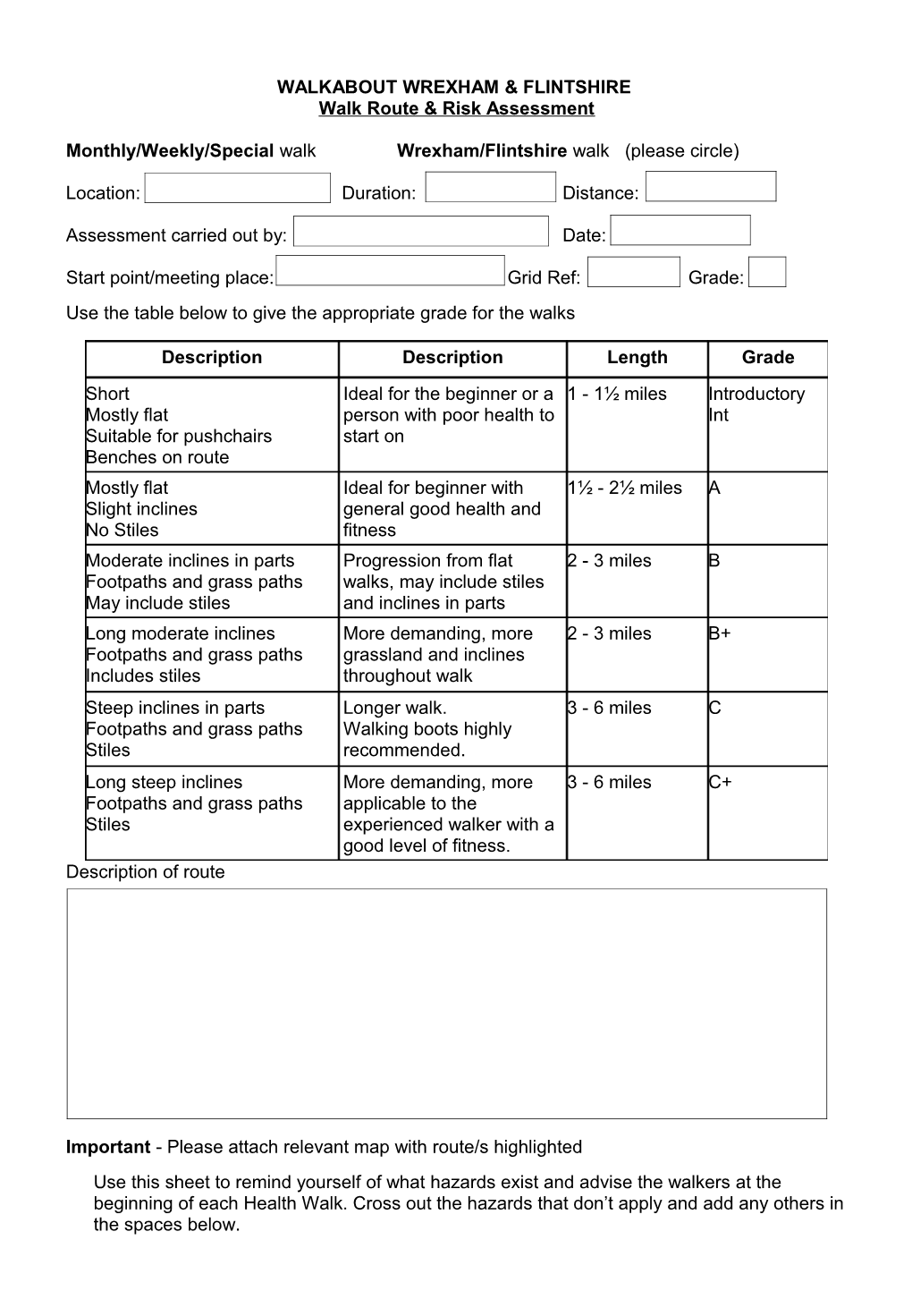 Health Walk Route Awareness Sheet