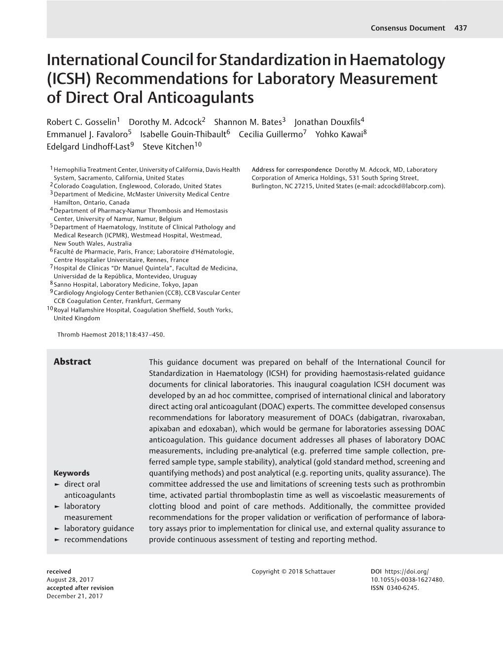 International Council for Standardization in Haematology (ICSH) Recommendations for Laboratory Measurement of Direct Oral Anticoagulants